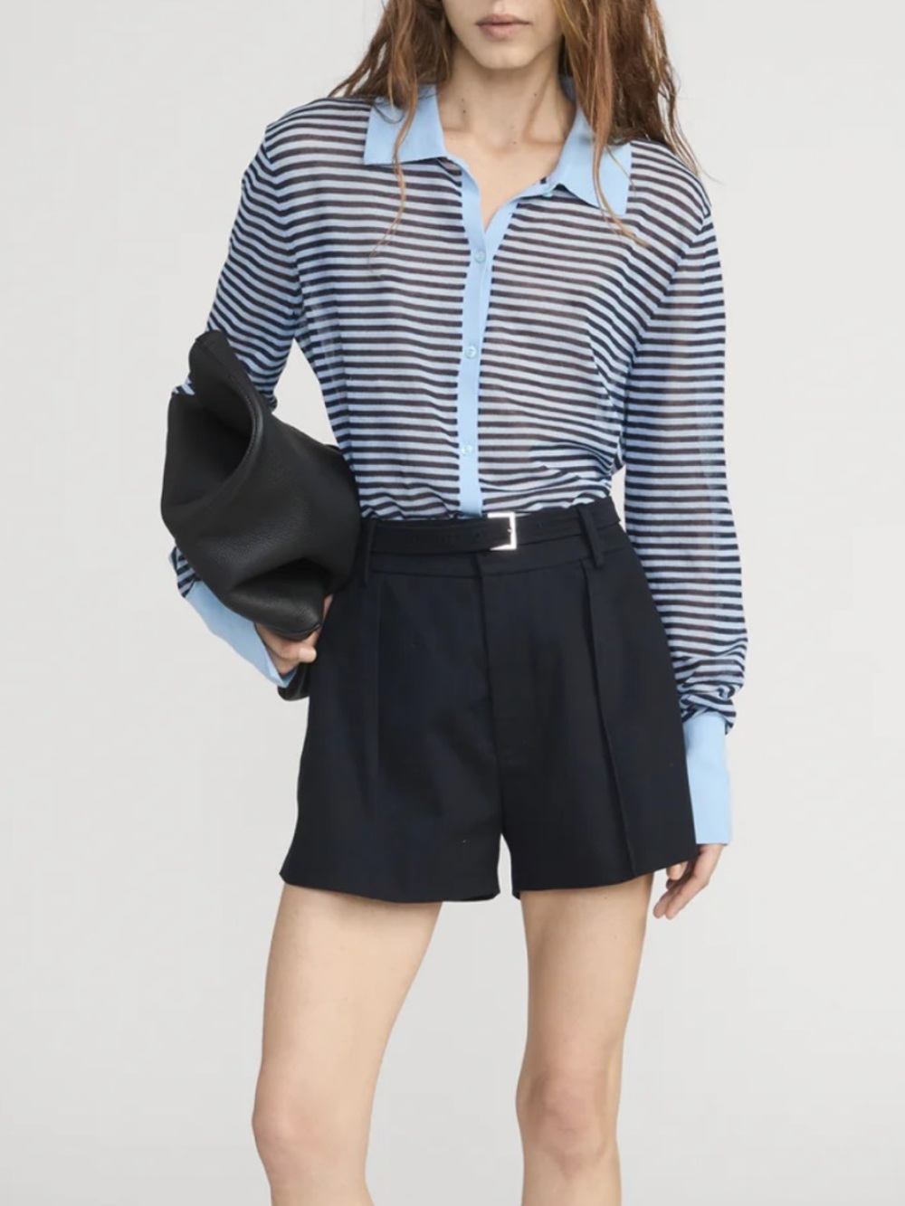 Frame Denim Light Blue & Navy Striped Sheer Button-Up Polo Top